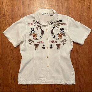 Peter Martin jungle animals embroidered on white linen button up shirt size 12